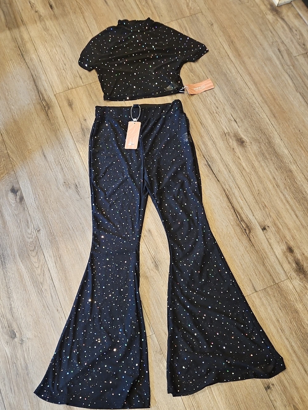 SHEIN Black Sheer Sequin Flared Pants with Matching Crop Top Meyallic Polka Dots